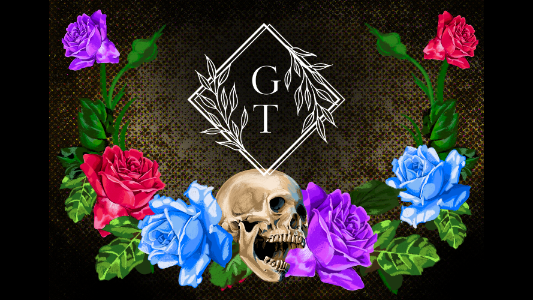 Skull with colorful flowers and 'GT' initials on a dark background
